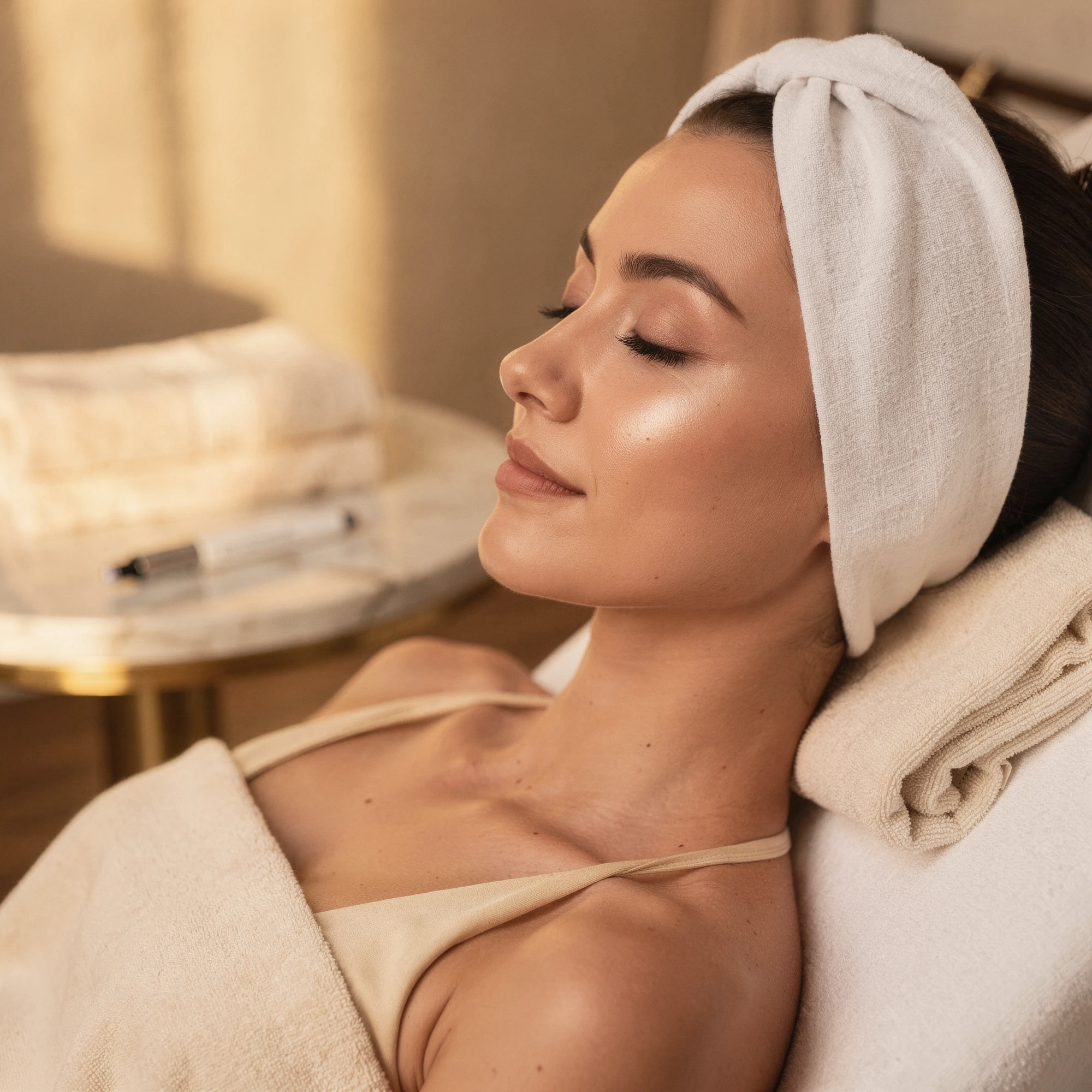 Patient relaxing after microneedling treatment, wrapped in soft towels at the Chelsea office